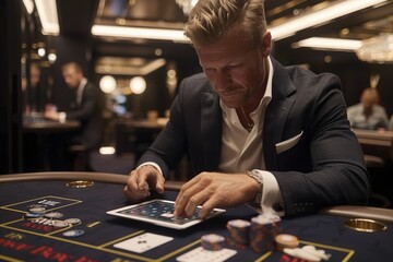 Confident man enjoying online casino game on tablet in elegant casino setting