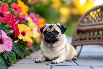 Dog trails relaxation concept. A pug relaxing among vibrant flowers in a sunny garden.