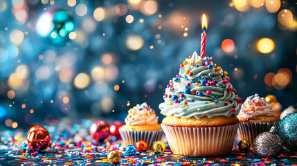 Colorful cupcakes with candles and festive decorations for a celebration