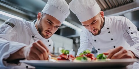 A close-up of two chefs intensely discussing the presentation of a dish in a high-end kitchen their serious expressions reflecting dedication to perfection
