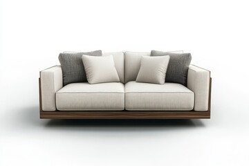 Modern sofa with simple design and clean lines, isolated on white background with soft light and shadow.
