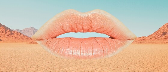 Fototapeta premium Emotional value emotion concept. Surreal desert scene with oversized lips and vibrant colors.