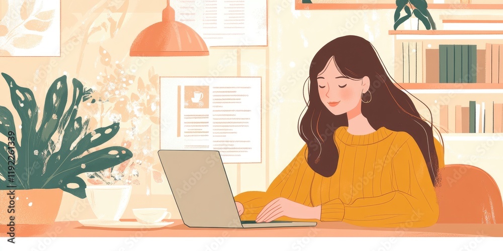 Poster freelance work and content creation concept. a woman reads blogs and works on digital projects using