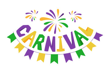 Carnival hand drawn lettering for poster, logo, invitation card, banner. Festive Mardi Gras design element. Masquerade concept Vector illustration isolated on white background