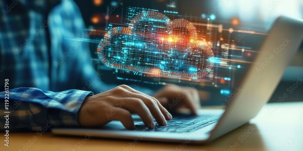 Leinwandbilder a man working on a laptop with a cloud computing diagram floating above his hand, symbolizing data s