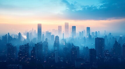 Fototapeta premium City Skyline at Dawn: A Breathtaking Urban Panorama. Highrises and Skyscrapers bathed in soft morning light, creating a stunning cityscape view.