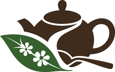 Elegant Coffee Teapot Logo with Floral Green Leaf Motif Depicting Natural Tea Serenity