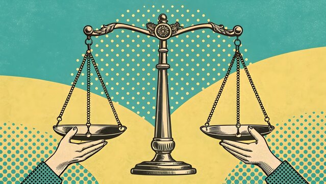 Scales of Justice in Vintage Pop Art Style with Teal Background V5
