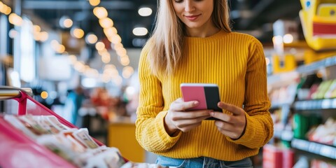 Mobile payment technology concept. A woman uses a smartphone app to shop and pay, highlighting digital money transfers, e-commerce, and banking transactions.