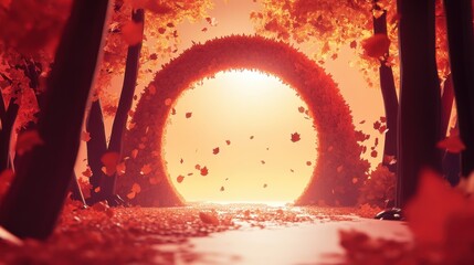 Fototapeta premium Autumnal Gateway: A Mystical Passage Through a Forest of Falling Leaves