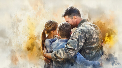 military father embraces his children in heartfelt reunion, showcasing love and joy. emotional moment captures bond of family and sacrifices made