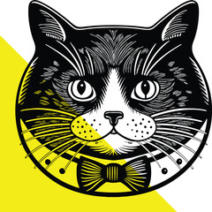 Sophisticated Cat Portrait - Intricate Black and White Illustration of a Stylish Cat with Elegant Bow Tie Detailing