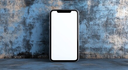Front View of Smartphone with White Screen Standing on Floor in Front of Dark Grunge Wall