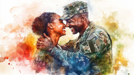Soldier and mother embracing joyfully, sharing heartfelt moment filled with love and pride. Their smiles reflect deep emotional connection and support