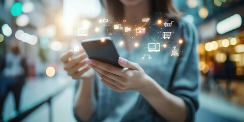 Mobile payment technology concept. A woman uses a smartphone app to shop and pay, representing digital money transfers, online banking, and e-commerce transactions.