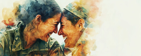 Soldier and mother sharing joyful, tear filled moment, expressing love and connection. Their smiles reflect deep emotions and strong bond