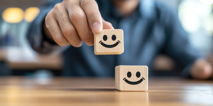 Top-tier business service and customer experience concept. A businessman selects a smiley face on a wooden block cube, symbolizing 5-star service quality and satisfaction