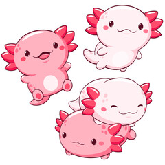 Set of axolotl in kawaii style. Lovely axolotl baby in different poses. Cute axolotl expression sheet collection. Can be used for t-shirt print, sticker, greeting card. Vector illustration EPS8