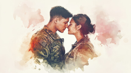 Soldier and woman sharing tender moment, showcasing love and gratitude in heartfelt embrace. emotional connection is beautifully illustrated with soft colors