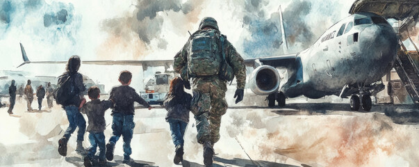 soldier walks with children towards military plane, symbolizing reunion and hope. scene captures poignant moment of family connection amidst backdrop of aircraft and clouds