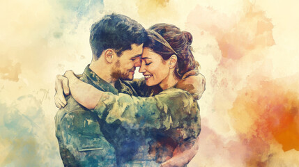 Soldier embracing partner with joy, showcasing love and connection in warm, colorful atmosphere. heartfelt moment captured in beautiful watercolor style
