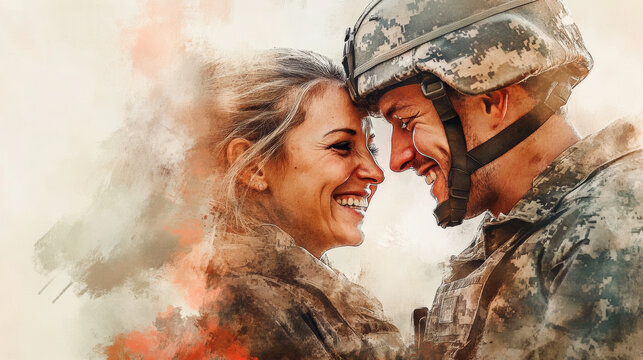 Soldier smiling with joy as he shares heartfelt moment with his mother, both expressing love and happiness through laughter and tears. touching reunion filled with emotion