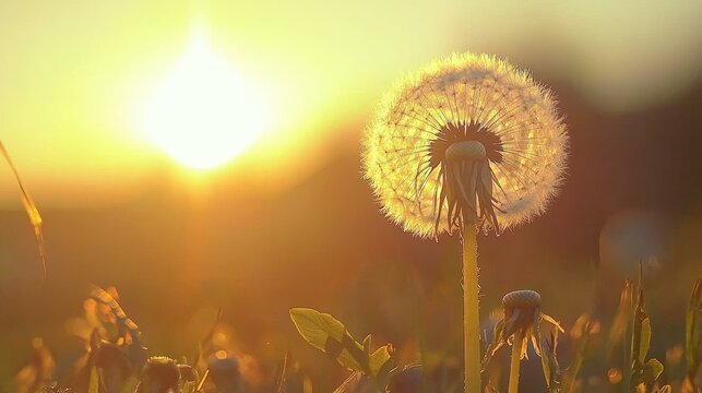 Golden hour glow on a dandelion seed head. AI.
