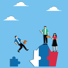 Obraz premium Onboarding a new team, changing jobs or careers, jumping from working solo to working in a team, businessman with a briefcase jumping from one puzzle piece to a team puzzle piece