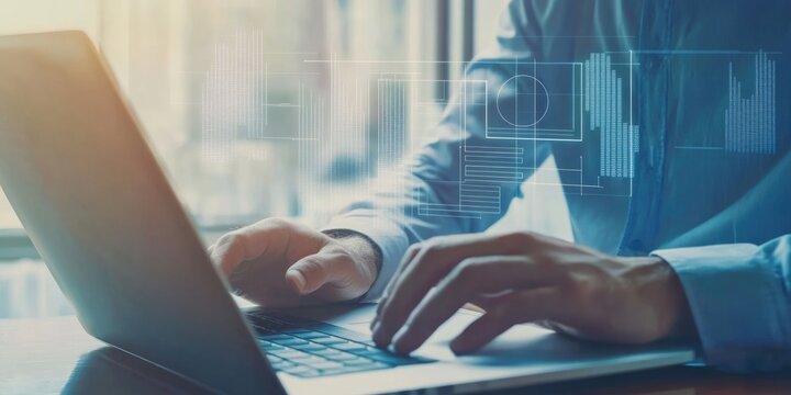 Internet data search and SEO concept. A businessman working on a laptop at his desk, with a blank search bar symbolizing online data browsing and networking.