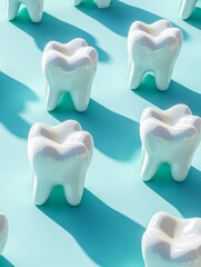 3d multiple White teeth models on turquoise background copy space - ai