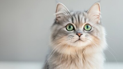 Persian cat concept. Close-up portrait of a beautiful cat with striking green eyes and fluffy fur.