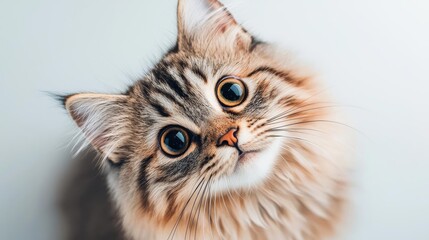 Persian cat concept. Close-up of a curious cat with striking eyes and fluffy fur against a light backdrop.
