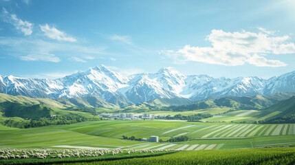 Obraz premium Scenic rural landscape with snow-capped mountains, green fields, and a flock of sheep.