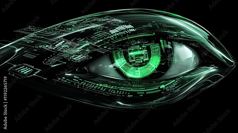 Poster futuristic eye with circuit board texture and green glowing iris.