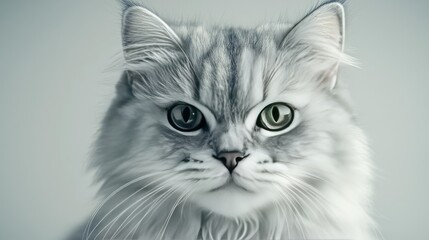 Persian cat concept. A close-up portrait of a fluffy cat with striking green eyes and a serene expression.