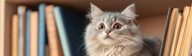 Persian cat concept. A curious grey cat sitting on a shelf surrounded by colorful books.