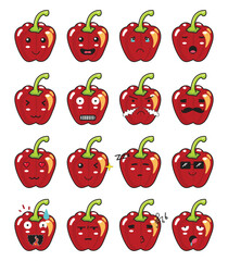 A cute cartoon red paprika in various expressions, happy, smile, sad, crying, sleepy, sleep, sour, shock, angry, calm, fall in love, blink, cool, hot, suspicious, sing, tired