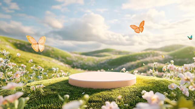 spring themed 3d podium stage with vibrant floral accents, fresh seasonal elements, and natural ambiance, perfect for product presentations, branding, marketing, or showcasing designs.