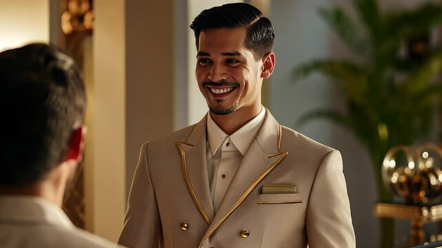 A Smiling Hotel Employee Welcomes a Guest