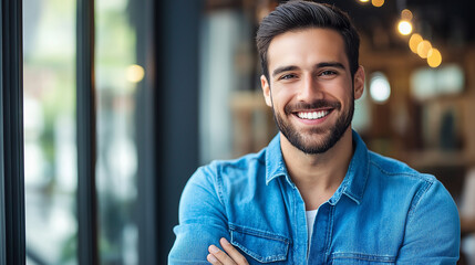 Fototapeta premium Confident man in denim shirt at workspace. Perfect for creative professional and startup culture