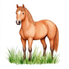Beautiful Brown Horse Standing in Lush Green Grass Landscape