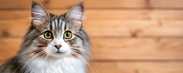 Persian cat concept. A close-up of a curious cat with striking green eyes against a wooden background.