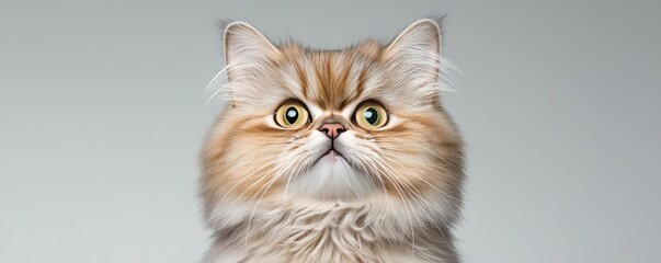 Fototapeta premium Persian cat concept. A fluffy Persian cat with captivating green eyes and a curious expression.
