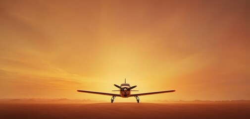 Obraz premium Vintage propeller airplane flying low over a golden desert at sunset with a sense of adventure, nostalgia, and exploration