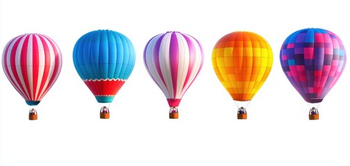 Obraz premium Whimsical hot air balloons with unique patterns floating over a scenic countryside landscape at sunrise, capturing a sense of wonder