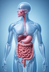 Medical illustration showing human digestive system affected by gastrointestinal amyloidosis.