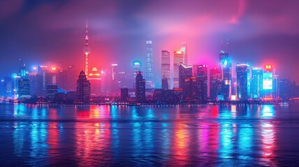 Vibrant night cityscape reflected in calm water, showcasing skyscrapers, towers, and colorful lights.