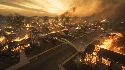 Neighborhood engulfed in flames during massive fire with smoke and destruction showing urban vulnerability to disasters