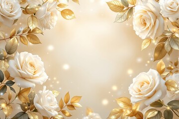 Romantic white roses surrounded by golden leaves, sparkling accents on a soft beige background. Concept of elegance, beauty, grace. Ai generative