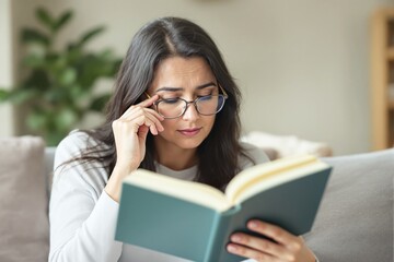 Fototapeta premium A thoughtful woman adjusting her glasses while reading a book, sitting on a couch in a bright living room. Calm and intellectual atmosphere. Ai generative